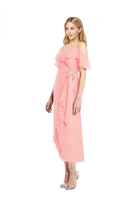 Cold Shoulder Salmon Spaghetti Straps Soft Chiffon Trumpet High Low Bridesmaid Dress Brighton