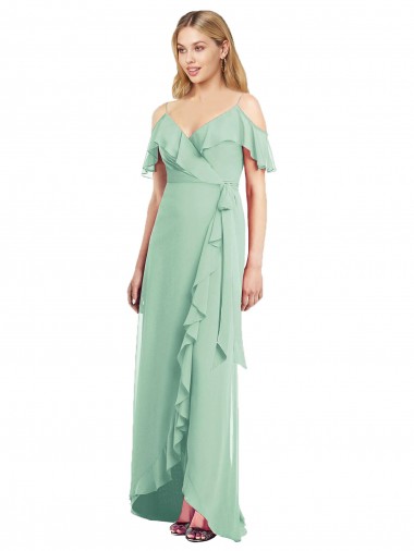 Cold Shoulder Mint Green Spaghetti Straps Soft Chiffon Trumpet High Low Bridesmaid Dress Brighton