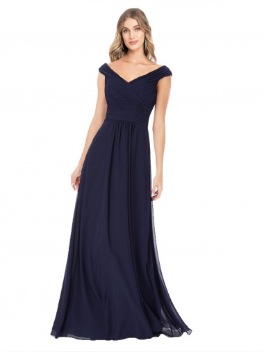 Sleeveless Dark Navy Off the Shoulder Soft Chiffon A-Line Evening Dress / Bridesmaid Dress Brighton