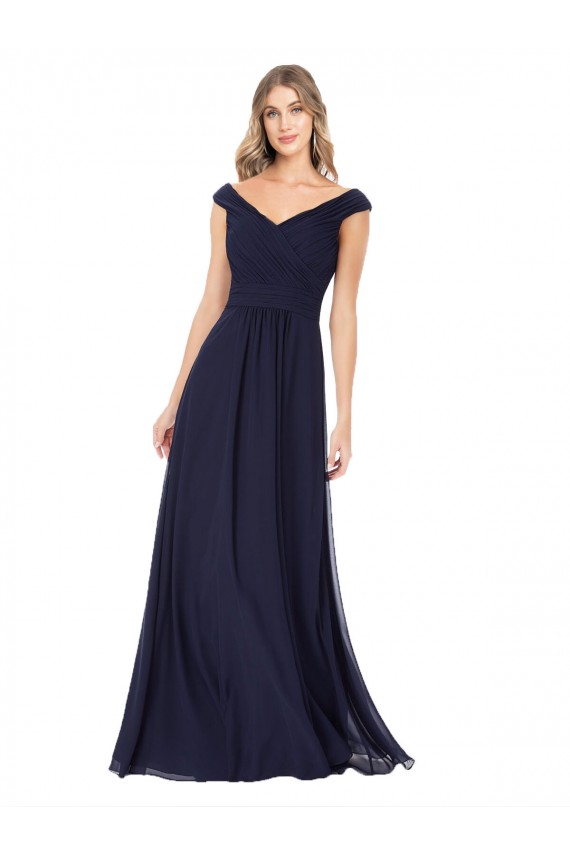 Sleeveless Dark Navy Off the Shoulder Soft Chiffon A-Line Evening Dress / Bridesmaid Dress Brighton