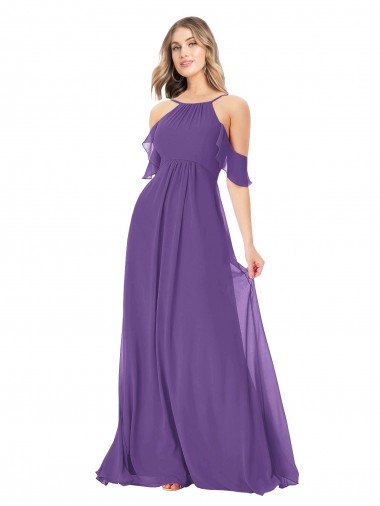 Cold Shoulder Plum Purple Off the Shoulder Soft Chiffon A-Line Bridesmaid Dress Brighton