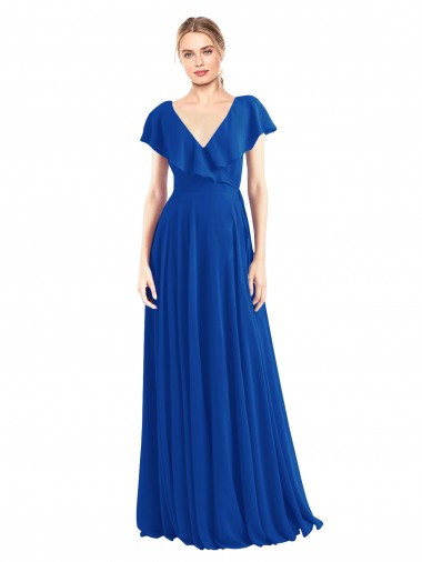 Flutter Sleeves Royal Blue V-Neck V-Back Soft Chiffon A-Line Bridesmaid Dress Brighton