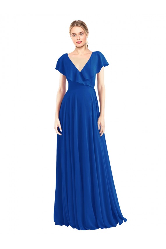 Flutter Sleeves Royal Blue V-Neck V-Back Soft Chiffon A-Line Bridesmaid Dress Brighton