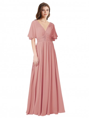 Flutter Sleeves V-Neck V-Back Soft Chiffon A-Line Bridesmaid Dress Brighton