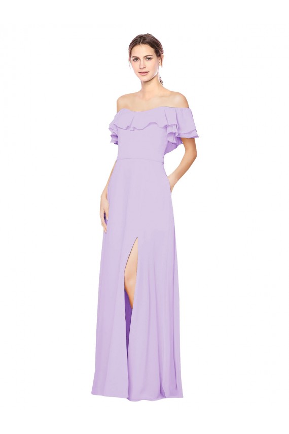 Sleeveless Lilac Off the Shoulder Low Back Soft Chiffon A-Line Bridesmaid Dress Brighton