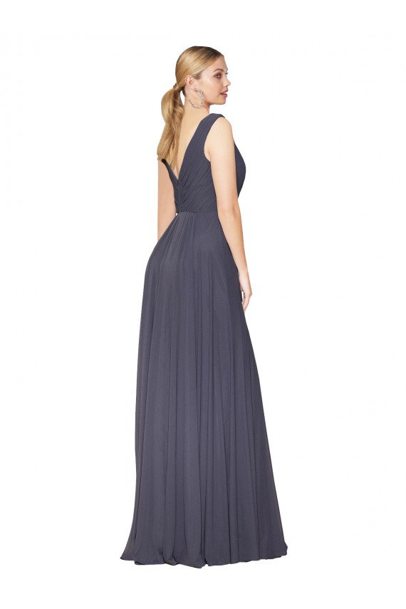 Sleeveless Dusty Blue V-Neck V-Back Soft Chiffon A-Line Formal Evening Gown / Prom Dress / Bridesmaid Dress Brighton