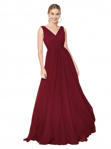 Sleeveless Burgundy V-Neck V-Back Soft Chiffon A-Line Formal Dress / Bridesmaid Dress Brighton