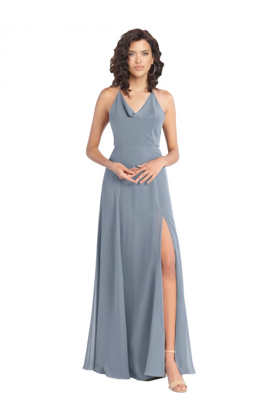 Sleeveless Dusty Blue Halter Neck V-Back Soft Chiffon A-Line Bridesmaid Dress Brighton