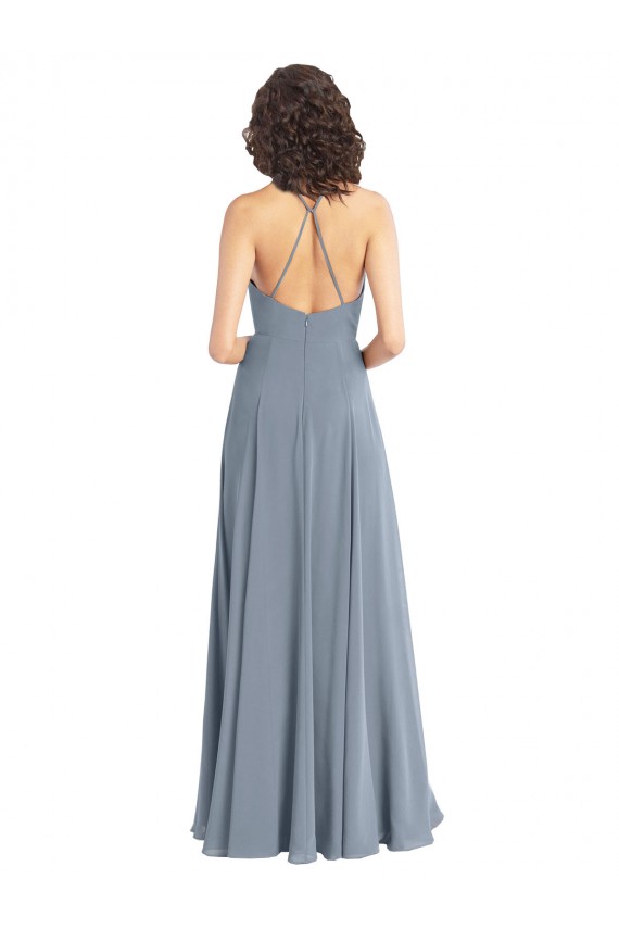 Sleeveless Dusty Blue Halter Neck V-Back Soft Chiffon A-Line Bridesmaid Dress Brighton