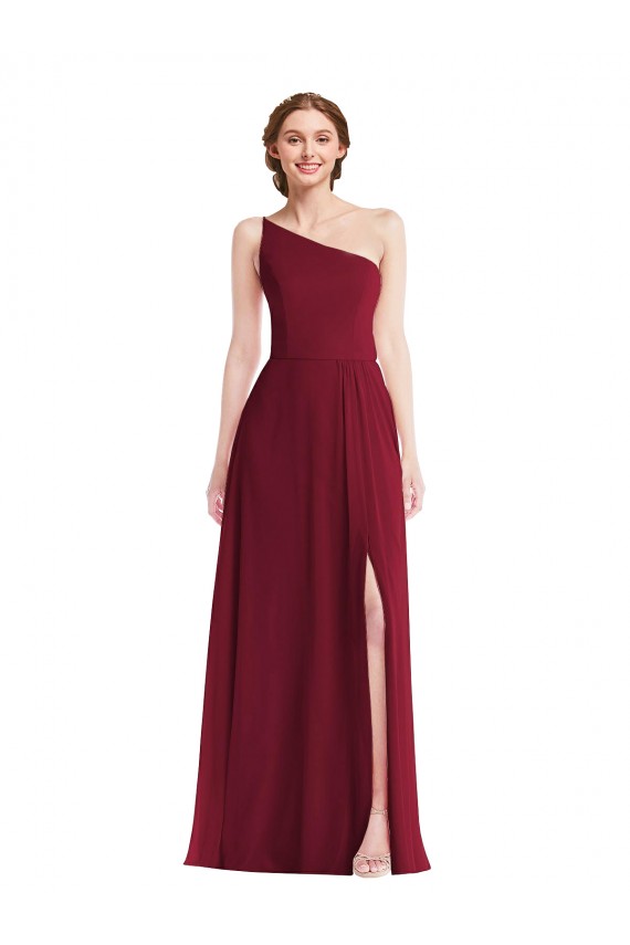 Sleeveless Burgundy One Shoulder Soft Chiffon A-Line Semi Formal Evening Dress / Bridesmaid Dress Brighton