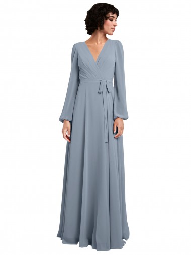 Long Sleeves V-Neck Soft Chiffon A-Line Bridesmaid Dress / Formal Dress Brighton