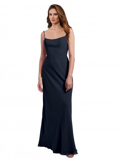 Sleeveless Dark Navy Spaghetti Straps Open Back Soft Chiffon A-Line Evening Dress / Bridesmaid Dress Brighton