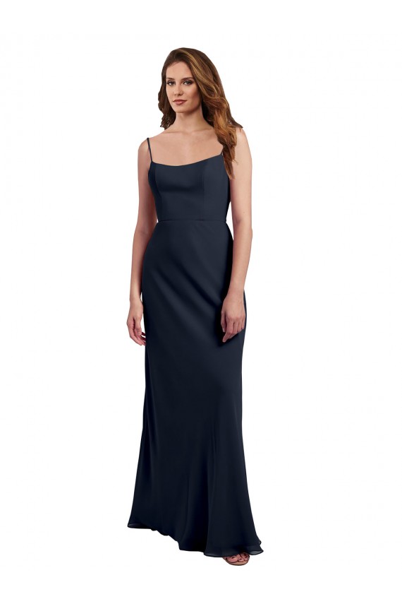 Sleeveless Dark Navy Spaghetti Straps Open Back Soft Chiffon A-Line Evening Dress / Bridesmaid Dress Brighton