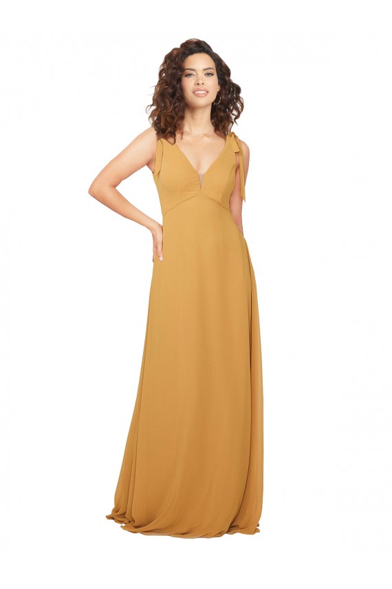 Sleeveless Saffron V-Neck Keyhole Back Soft Chiffon A-Line Bridesmaid Dress Brighton