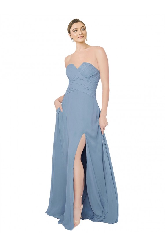 Sleeveless Dusty Blue Sweetheart Low Back Chiffon A-Line Bridesmaid Dress / Evening Dress Brighton