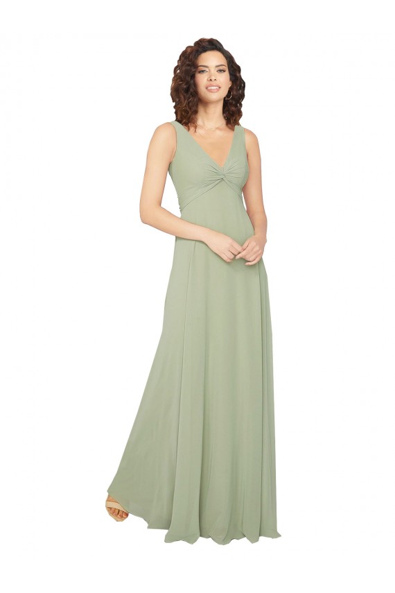 Sleeveless Sage V-Neck V-Back Chiffon A-Line Bridesmaid Dress / Evening Dress Brighton