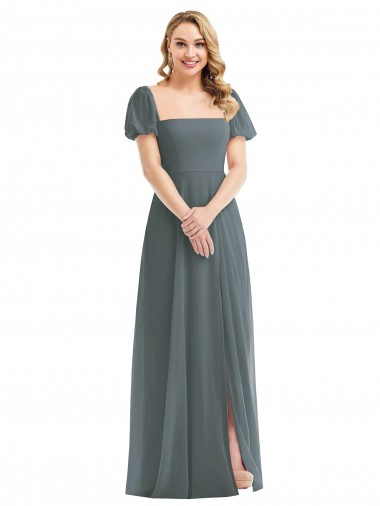Puff Sleeves Square Neck Soft Chiffon A-Line Semi Formal Evening Dress / Bridesmaid Dress Brighton