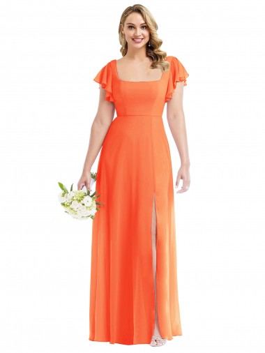 Flutter Sleeves Square Neck Open Back Soft Chiffon A-Line Semi Formal Evening Dress / Bridesmaid Dress Brighton