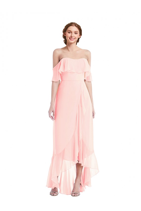 Sleeveless Pink Off the Shoulder Long Soft Chiffon A-Line Bridesmaid Dresses Brighton