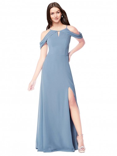 Sleeveless Dusty Blue Off the Shoulder Soft Chiffon A-Line Evening Dress / Bridesmaid Dress Brighton