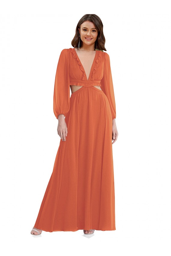 Long Sleeves V-Neck Open Back Soft Chiffon A-Line High Low Evening Gown / Bridesmaid Dress Brighton