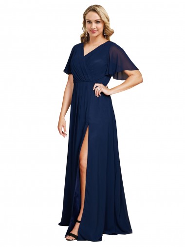 Short Flutter Sleeves V-Neck Soft Chiffon A-Line Formal Plus Size Evening Gown / Prom Dress / Bridesmaid Dress Brighton