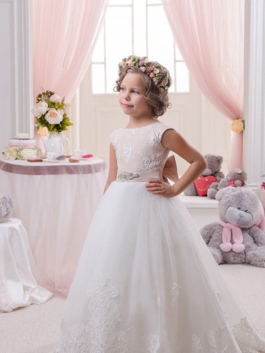 Sleeveless Bateau Neck V-Back Tulle & Lace Ball Gown Flower Girl Dresses Brighton