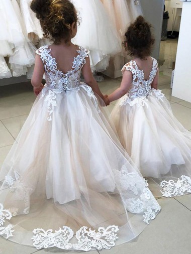 Sleeveless Bateau Neck V-Back Tulle & Lace Ball Gown Little Flower Girl Dress Brighton