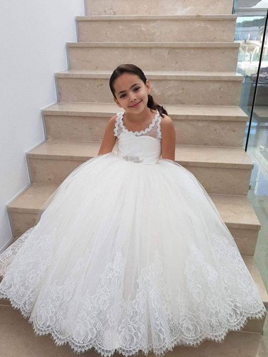 Sleeveless High Neck Keyhole Back Tulle & Lace Ball Gown Flower Girl Dress for Wedding Brighton