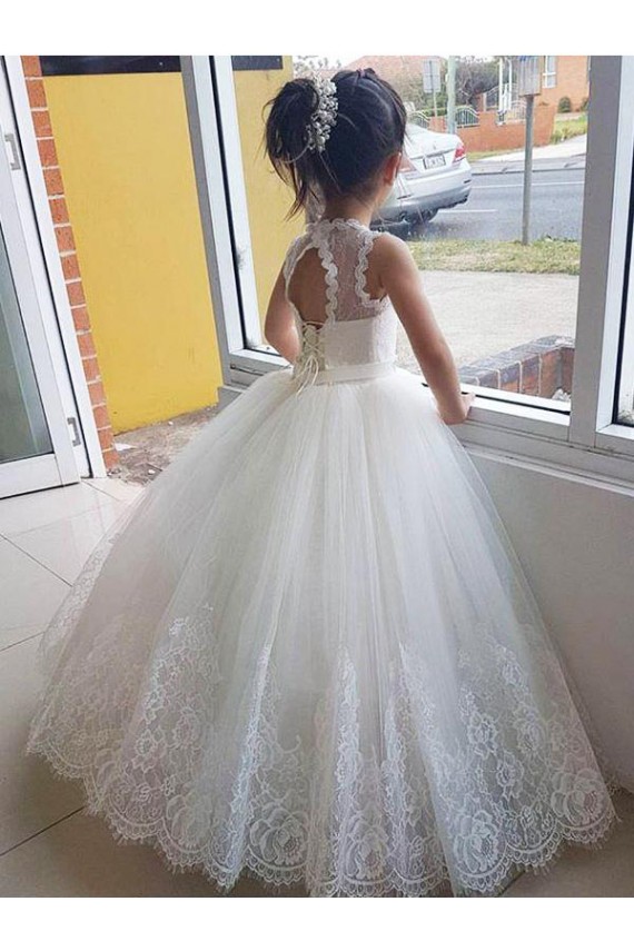 Sleeveless High Neck Keyhole Back Tulle & Lace Ball Gown Flower Girl Dress for Wedding Brighton