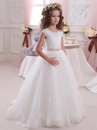 Cap Sleeves High Neck Keyhole Back Tulle & Lace Ball Gowns Flower Girl Dress Brighton