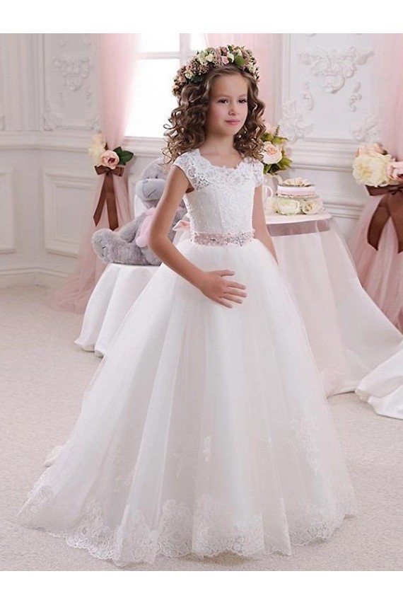 Cap Sleeves High Neck Keyhole Back Tulle & Lace Ball Gowns Flower Girl Dress Brighton