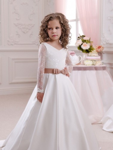 Long Sleeves V-Neck Satin & Lace Ball Gown Flower Girl Dress Brighton