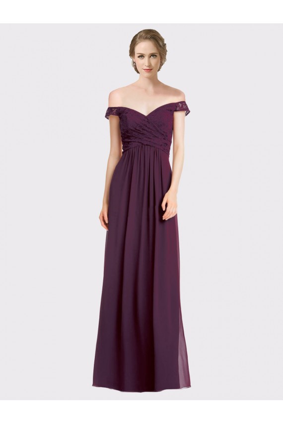 Sleeveless Grape Off the Shoulder Low Back Soft Chiffon & Lace A-Line Bridesmaid Dress Brighton