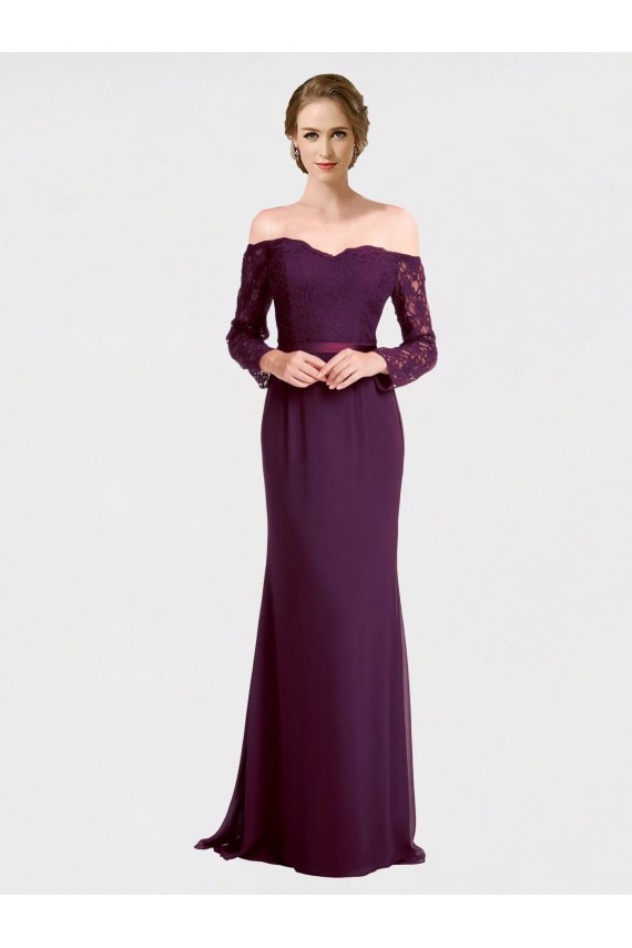 Long Sleeves Off the Shoulder Low Back Soft Chiffon & Lace Mermaid Bridesmaid Dress Brighton