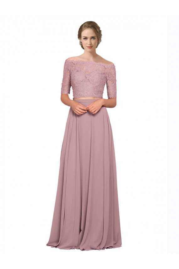 Short Sleeves Off the Shoulder Soft Chiffon & Lace A-Line Prom Dress / Bridesmaid Dress Brighton