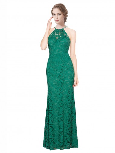 Sleeveless Halter Neck Low Back Lace Mermaid Prom Dress / Bridesmaid Dress Brighton