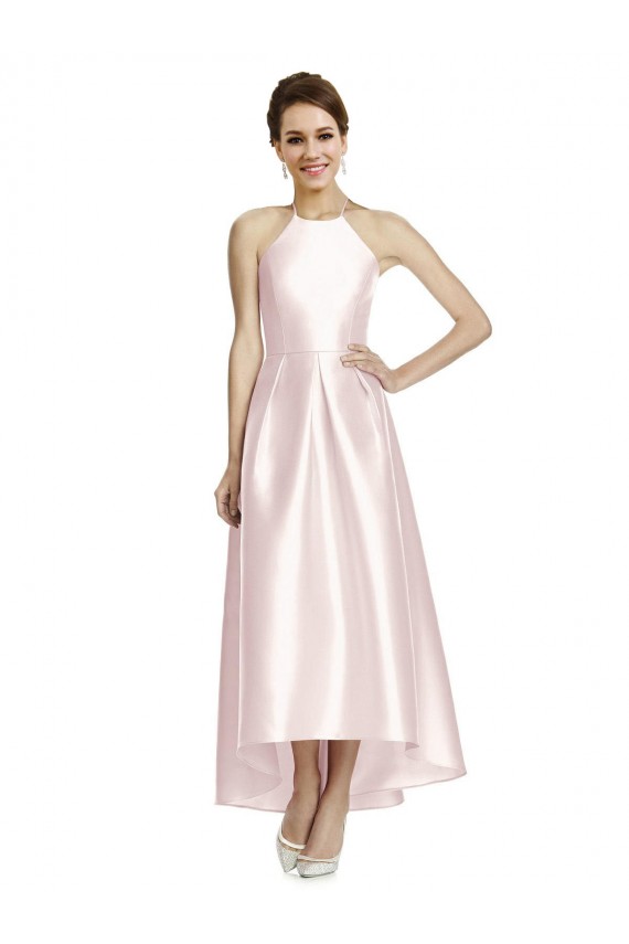 Sleeveless Spaghetti Straps Criss Cross Open Back Satin A-Line High Low Bridesmaid Dress Brighton