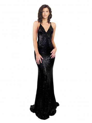 Sleeveless V-Neck Criss Cross Open Back Sequin Mermaid Black Tie Evening Gown / Prom Dress / Bridesmaid Dress Brighton