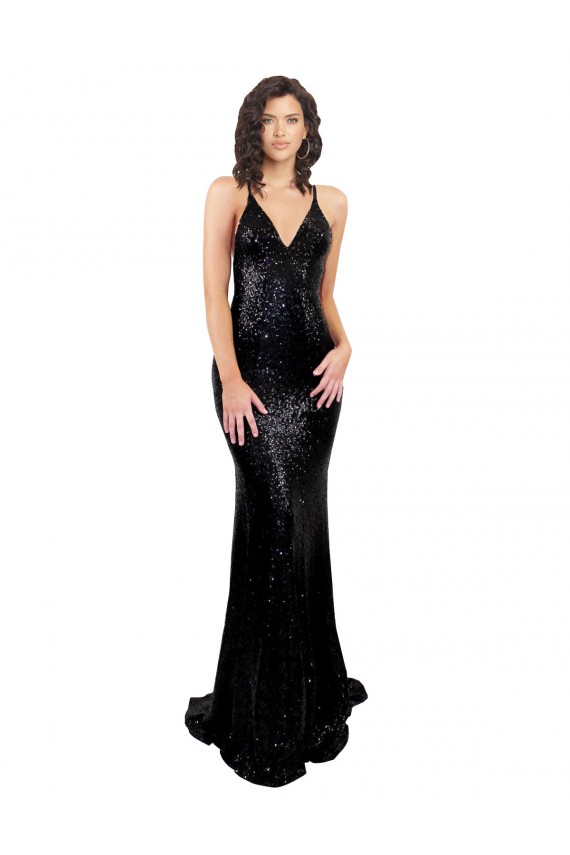 Sleeveless V-Neck Criss Cross Open Back Sequin Mermaid Black Tie Evening Gown / Prom Dress / Bridesmaid Dress Brighton