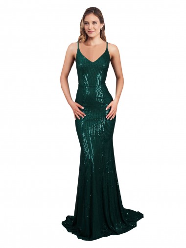 Sleeveless Dark Green V-Neck Low Back Sequin Mermaid Formal Evening Gown / Prom Dress / Bridesmaid Dress Brighton