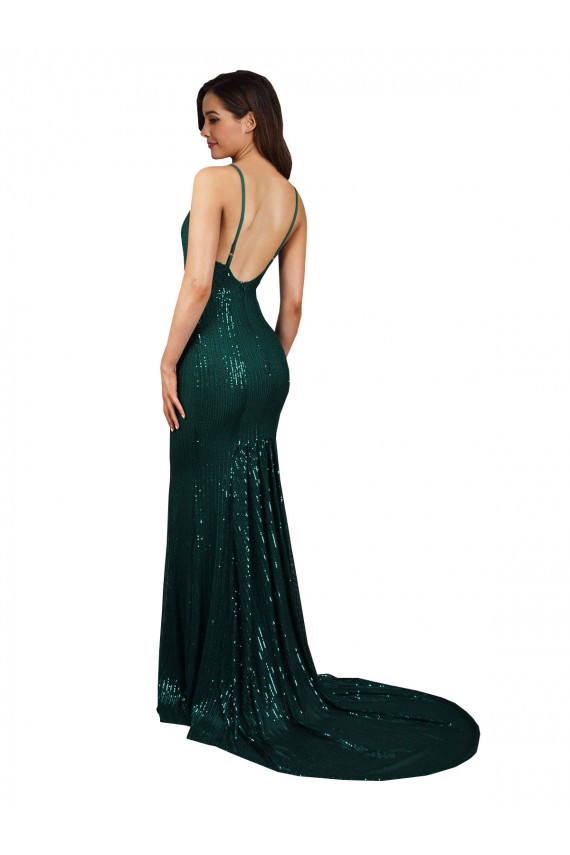 Sleeveless Dark Green V-Neck Low Back Sequin Mermaid Formal Evening Gown / Prom Dress / Bridesmaid Dress Brighton