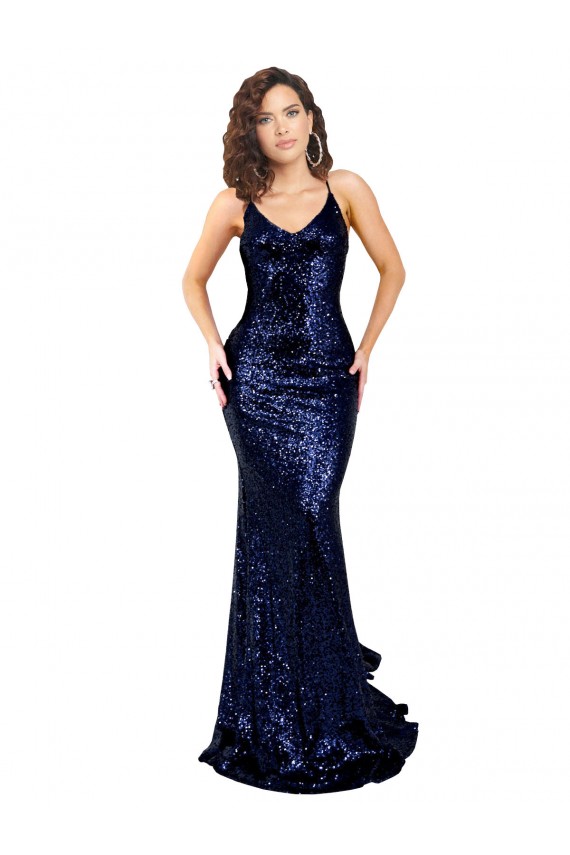 Sleeveless Dark Navy V-Neck Low Back Sequin Mermaid Formal Evening Gown / Prom Dress / Bridesmaid Dress Brighton