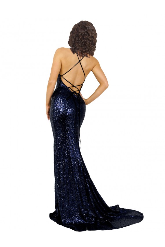 Sleeveless Dark Navy V-Neck Low Back Sequin Mermaid Formal Evening Gown / Prom Dress / Bridesmaid Dress Brighton