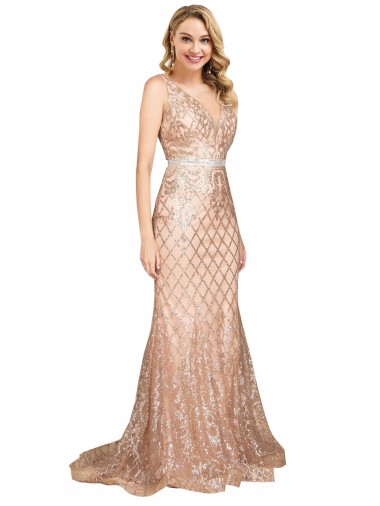 Sleeveless V-Neck V-Back Sequin & Sparkling Sequin Mermaid Formal Plus Size Evening Gown / Prom Dress / Bridesmaid Dress Brighton