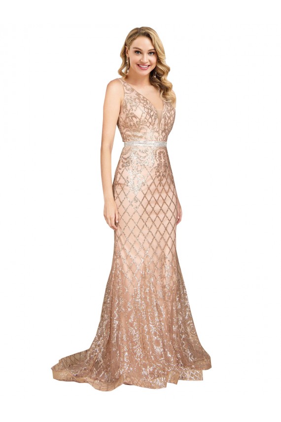Sleeveless V-Neck V-Back Sequin & Sparkling Sequin Mermaid Formal Plus Size Evening Gown / Prom Dress / Bridesmaid Dress Brighton