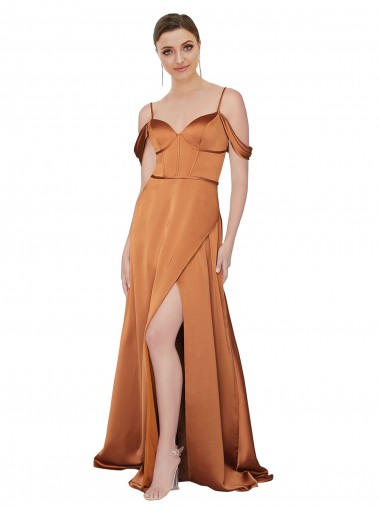 Cold Shoulder Spaghetti Straps Low Back Silk like Satin A-Line Formal Evening Gown / Prom Dress / Bridesmaid Dress Brighton