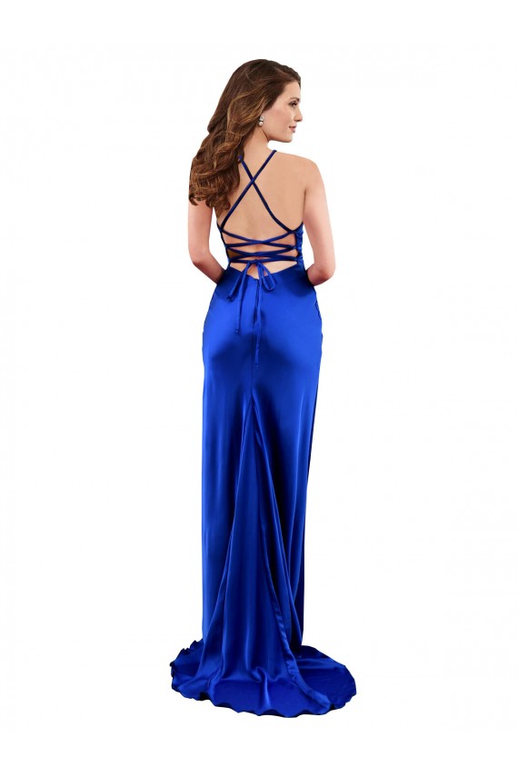 Sleeveless Royal Blue Cowl Neck Criss Cross Open Back Silk like Satin Sheath Formal Evening Gown / Prom Dress / Bridesmaid Dress Brighton