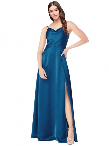 Sleeveless Peacock Blue Spaghetti Straps Low Back Silk like Satin A-Line Formal Evening Gown / Prom Dress / Bridesmaid Dress Brighton