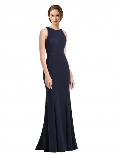 Sleeveless Scoop Neck Keyhole Back Stretch Crepe Sheath Black Tie Prom Dress / Bridesmaid Dress Brighton